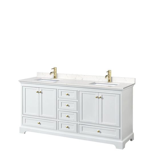 Deborah 72" Double Vanity in White, Carrara Marble Top, Gold Trim, No Mirrors