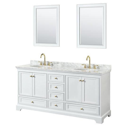 Deborah 72" Double Vanity in White, Top, Oval Brushed Gold Trim, 24" Mirrors