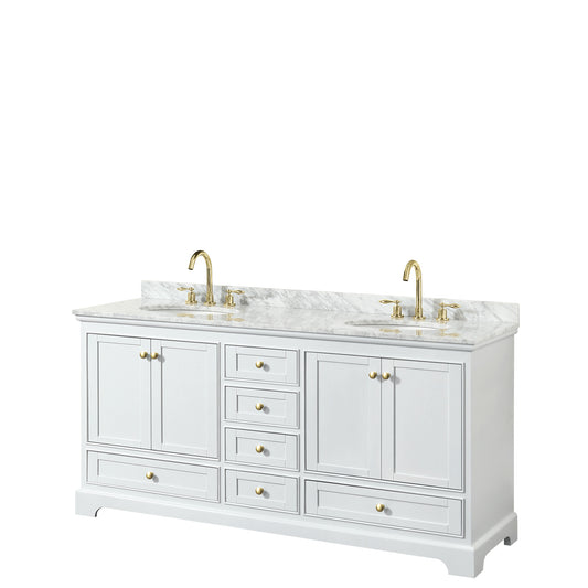 Deborah 72" Double Vanity in White, Top, Oval Brushed Gold Trim, No Mirrors