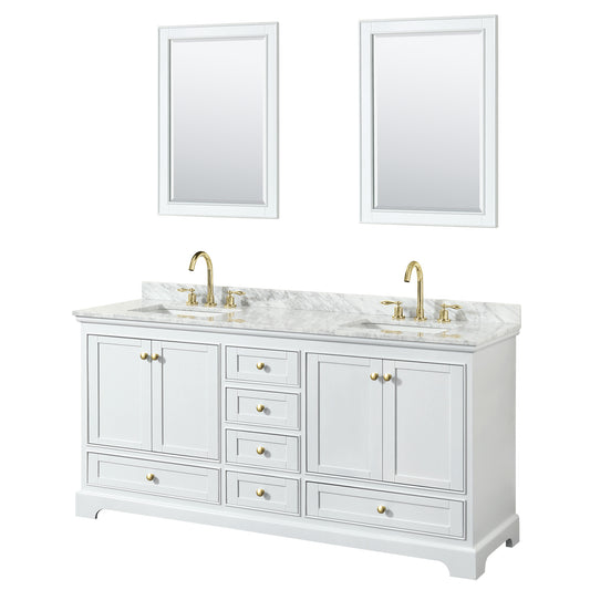 Deborah 72" Double Vanity in White, Top, Square Brushed Gold Trim, 24" Mirrors