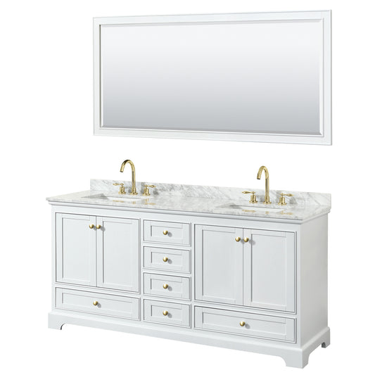 Deborah 72" Double Vanity in White, Top, Square Brushed Gold Trim, 70" Mirror