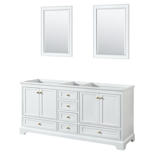 Deborah 72" Double Vanity in White, No Top, Brushed Gold Trim, 24" Mirrors