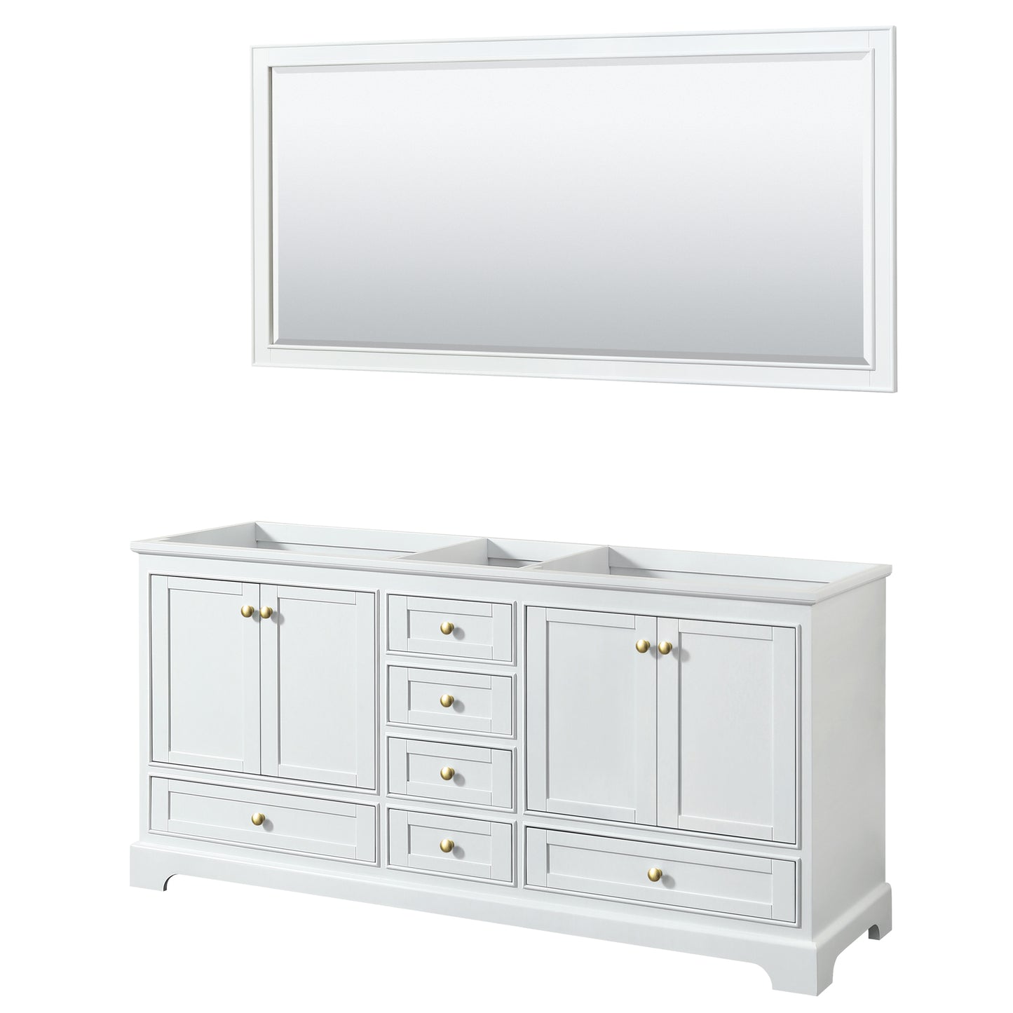 Deborah 72" Double Vanity in White, No Top, Brushed Gold Trim, 70" Mirror