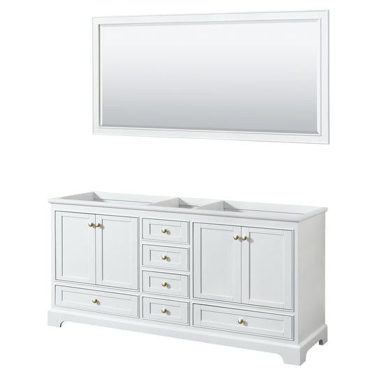 Deborah 72" Double Vanity in White, No Top, Brushed Gold Trim, 70" Mirror