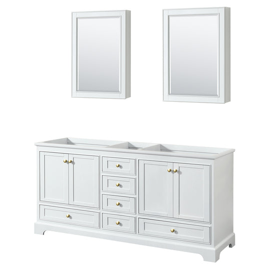Deborah 72" Double Vanity in White, No Top, Brushed Gold Trim, Medicine Cabinets