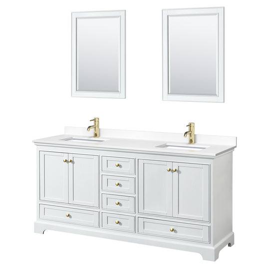 Deborah 72" Double Vanity in White, White Marble Top, Gold Trim, 24" Mirrors