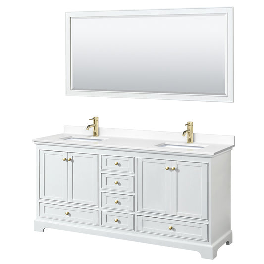 Deborah 72" Double Vanity in White, White Marble Top, Gold Trim, 70" Mirror