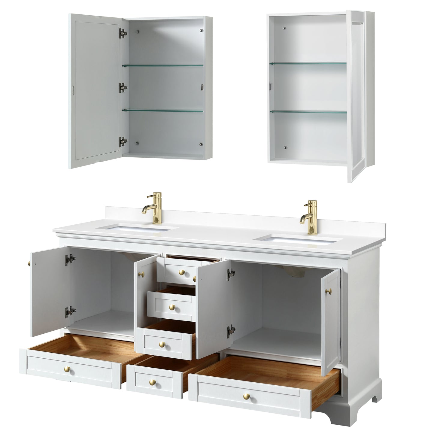 Deborah 72" White Double Vanity, White Marble Top, Gold Trim, Medicine Cabinets