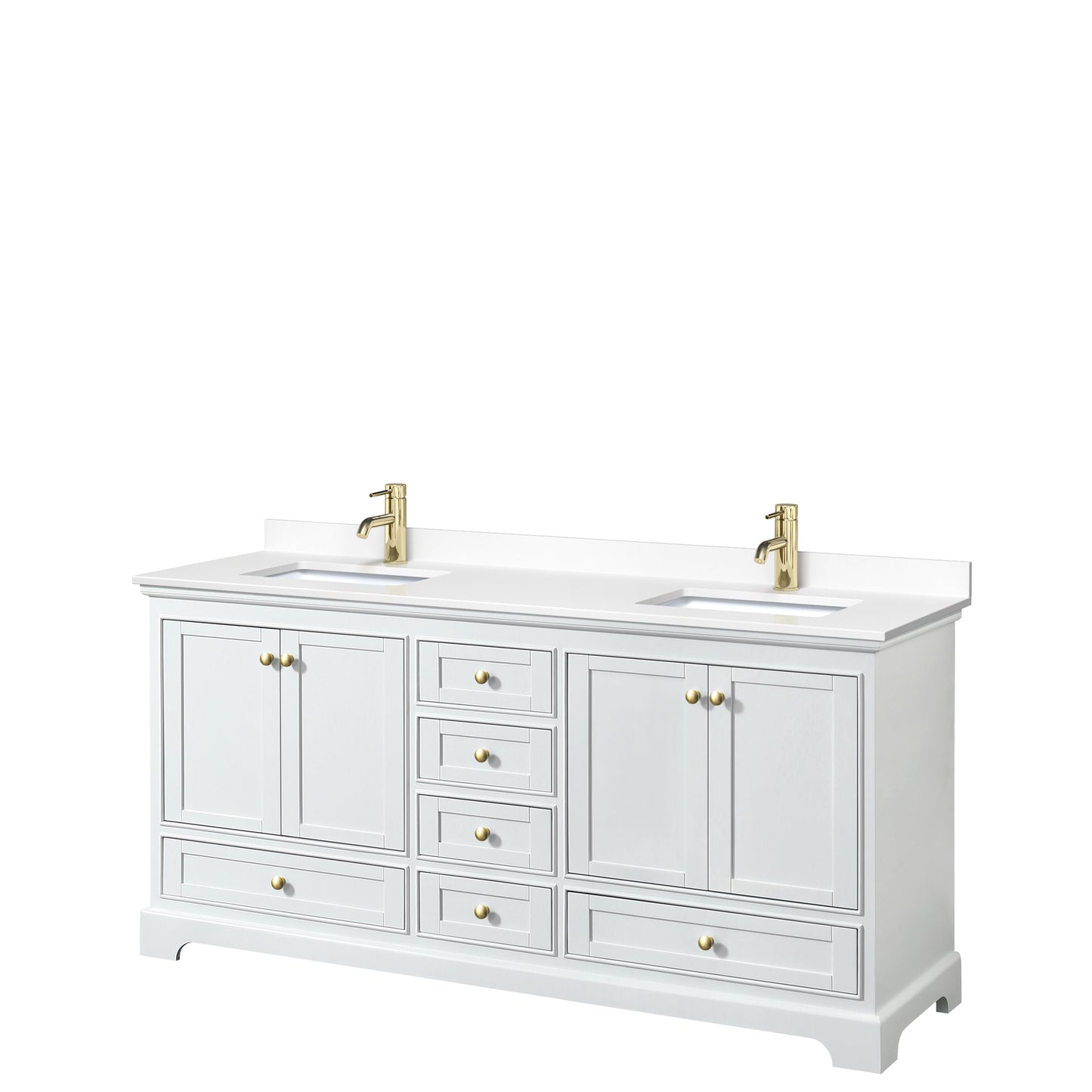 Deborah 72" Double Vanity in White, White Marble Top, Gold Trim, No Mirrors