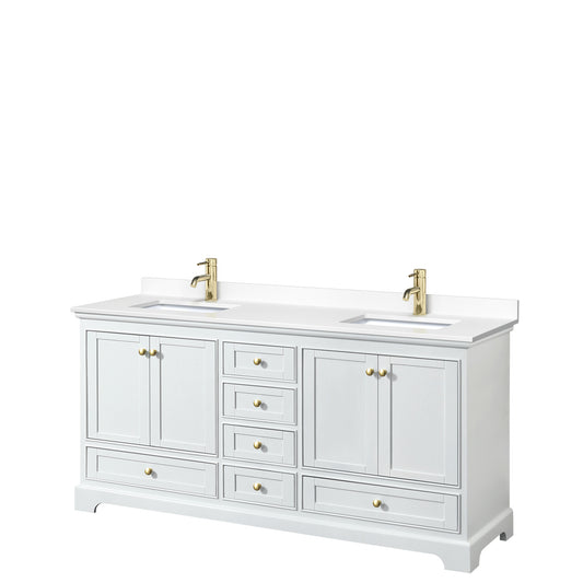 Deborah 72" Double Vanity in White, White Marble Top, Gold Trim, No Mirrors