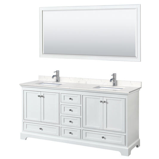 Deborah 72" Double Vanity in White, Carrara Cultured Marble Top, 70" Mirror