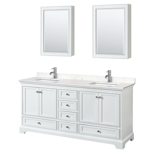 Deborah 72" Double Vanity in White, Carrara Marble Top, Medicine Cabinets