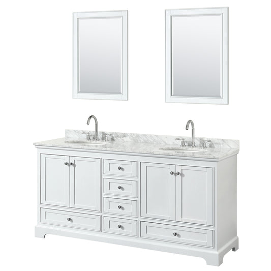 Deborah 72 Inch Double Bathroom Vanity in White, White Carrara Marble Countertop, Undermount Oval Sinks, and 24 Inch Mirrors