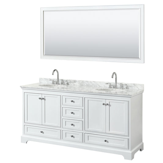 Deborah 72 Inch Double Bathroom Vanity in White, White Carrara Marble Countertop, Undermount Oval Sinks, and 70 Inch Mirror