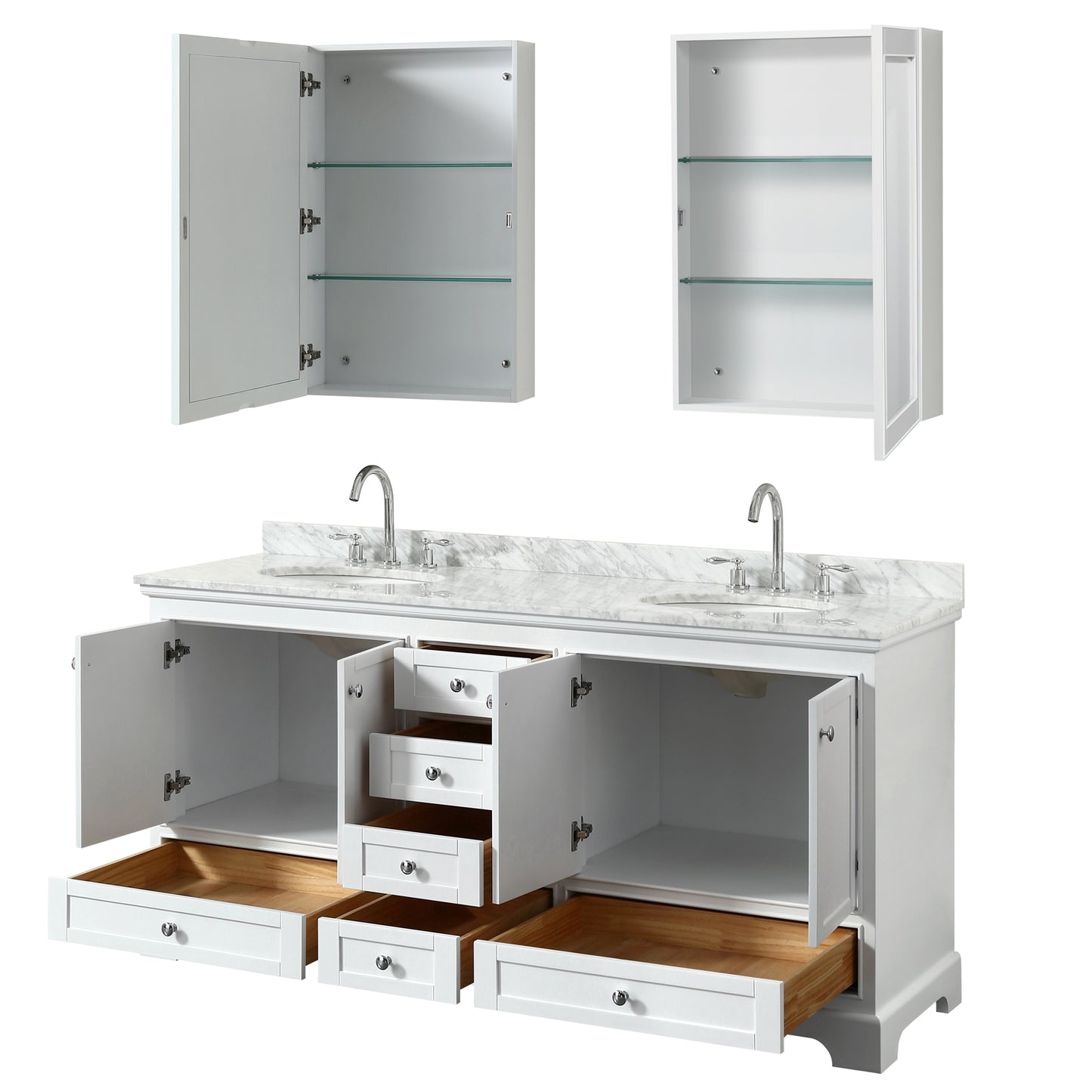 Deborah 72" Double Vanity in White, Top, Oval Sinks, Medicine Cabinets