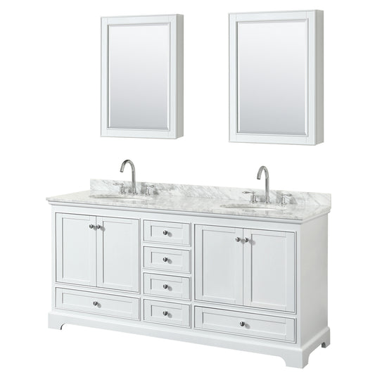 Deborah 72 Inch Double Bathroom Vanity in White, White Carrara Marble Countertop, Undermount Oval Sinks, and Medicine Cabinets