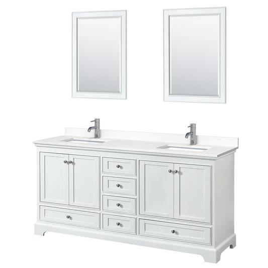 Deborah 72" Double Vanity in White, White Cultured Marble Top, 24" Mirrors