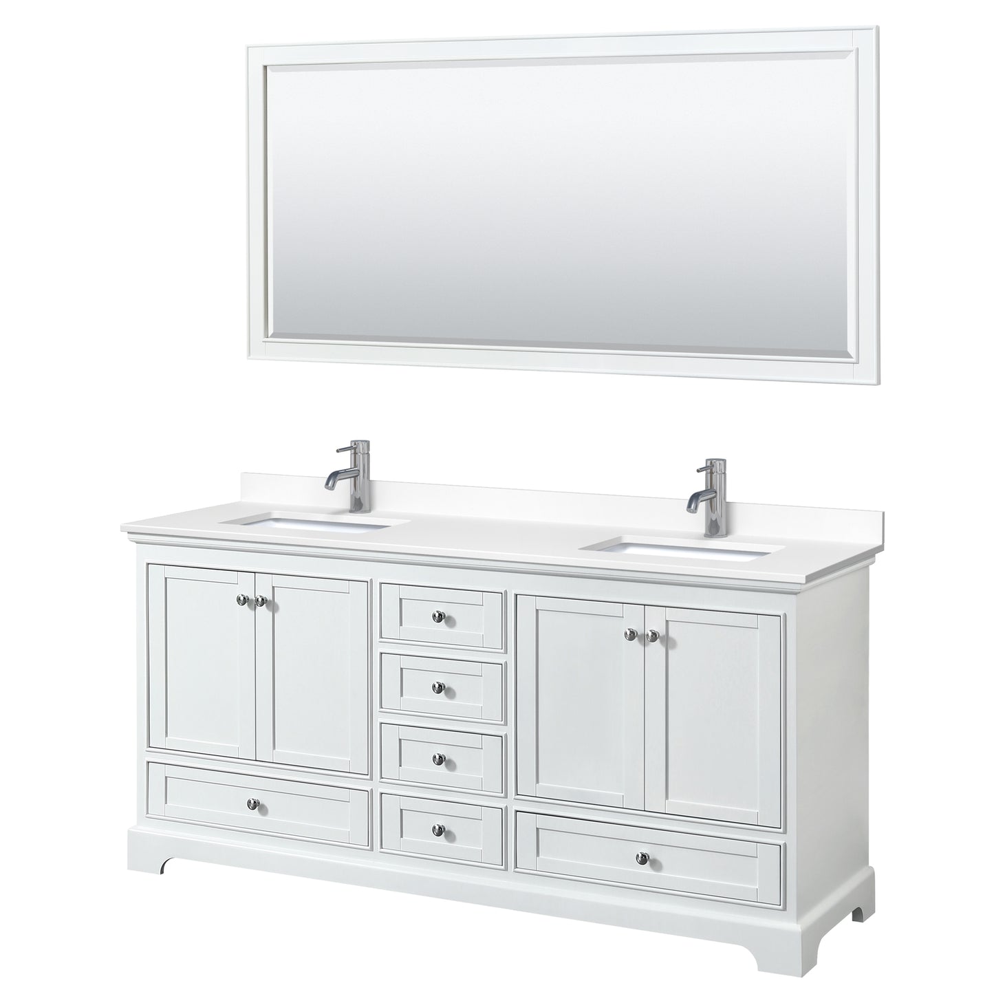 Deborah 72" Double Vanity in White, White Cultured Marble Top, Sinks, 70" Mirror
