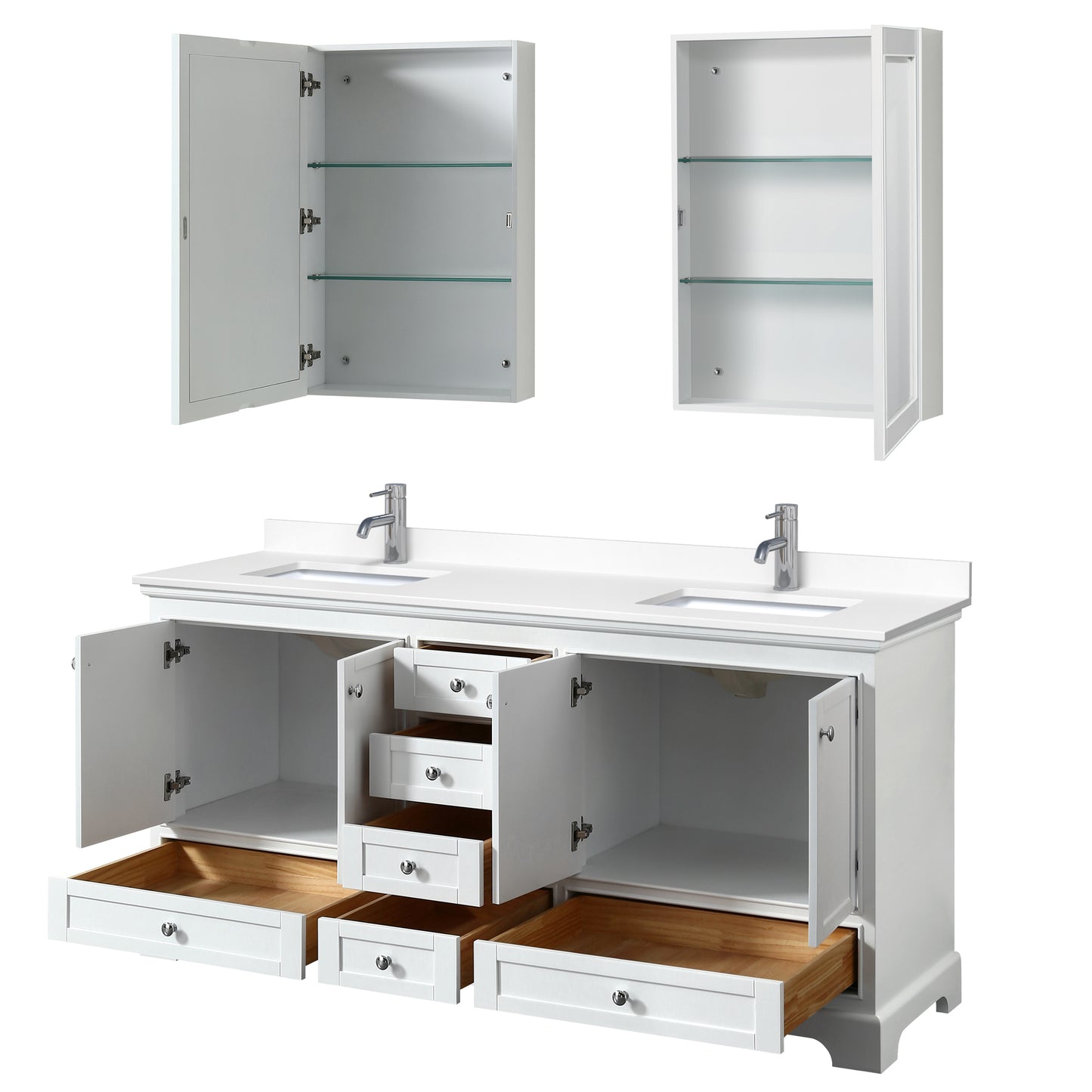 Deborah 72" Double Vanity in White, White Cultured Marble Top, Medicine Cabinets
