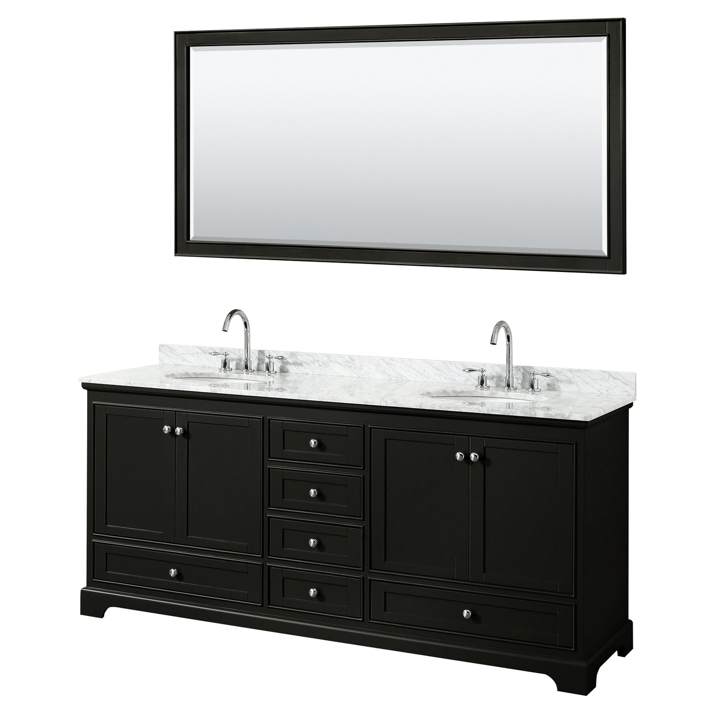 Deborah 80 Inch Double Bathroom Vanity in Dark Espresso, White Carrara Marble Countertop, Undermount Oval Sinks, and 70 Inch Mirror