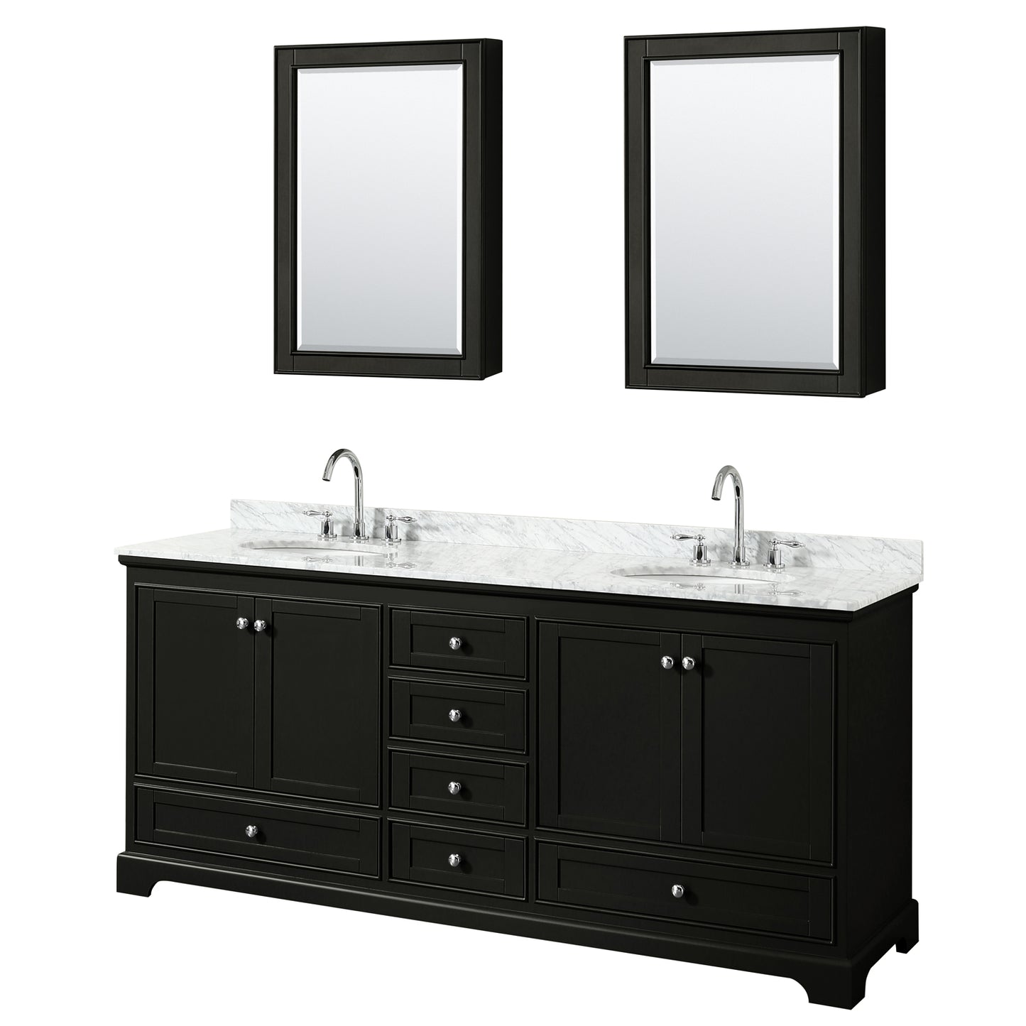 Deborah 80 Inch Double Bathroom Vanity in Dark Espresso, White Carrara Marble Countertop, Undermount Oval Sinks, and Medicine Cabinets