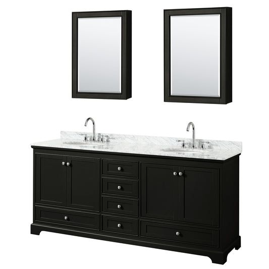 Deborah 80 Inch Double Bathroom Vanity in Dark Espresso, White Carrara Marble Countertop, Undermount Oval Sinks, and Medicine Cabinets