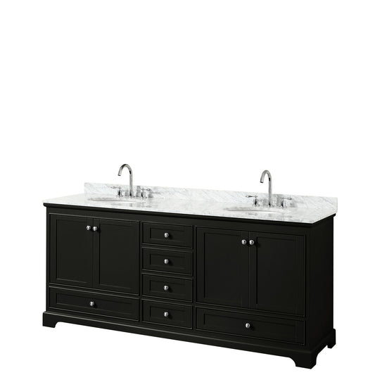 Deborah 80 Inch Double Bathroom Vanity in Dark Espresso, White Carrara Marble Countertop, Undermount Oval Sinks, and No Mirrors