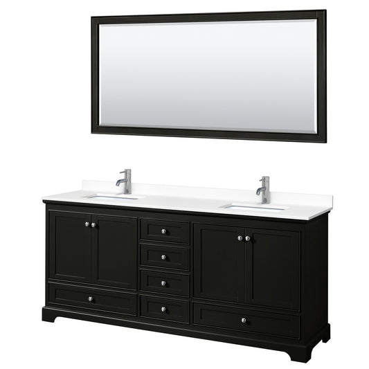 Deborah 80" Double Vanity in Espresso, White Cultured Marble Top, 70" Mirror