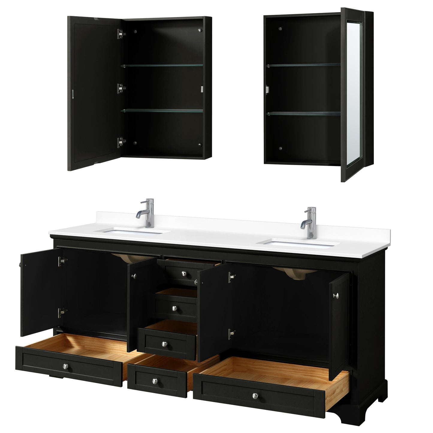 Deborah 80" Double Vanity in Espresso, White Marble Top, Medicine Cabinets