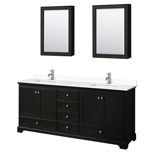 Deborah 80" Double Vanity in Espresso, White Marble Top, Medicine Cabinets