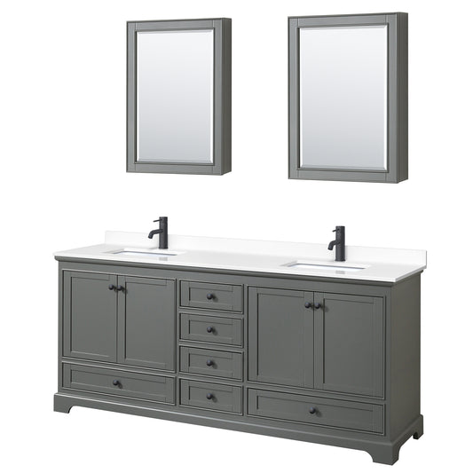 Deborah 80" Gray Double Vanity, White Marble Top, Black Trim, Medicine Cabinets