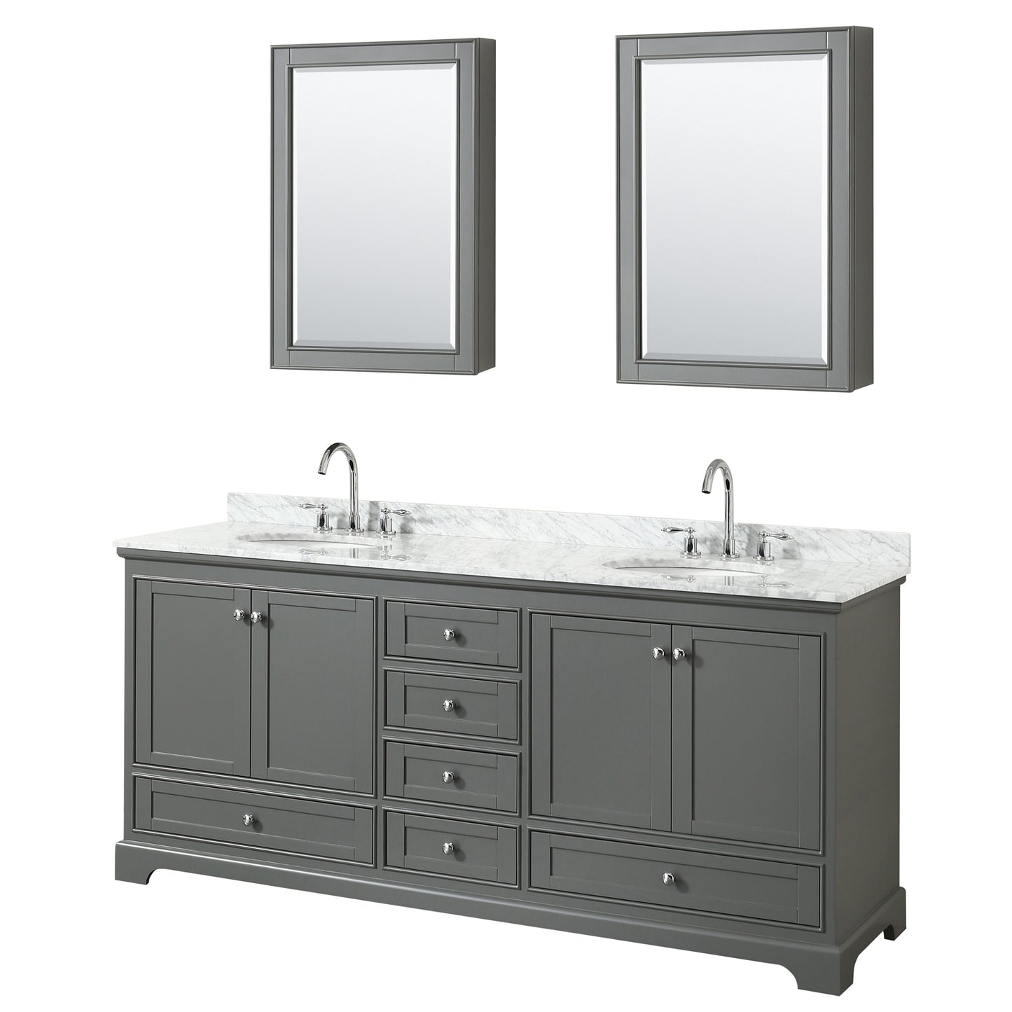 Deborah 80 Inch Double Bathroom Vanity in Dark Gray, White Carrara Marble Countertop, Undermount Oval Sinks, and Medicine Cabinets