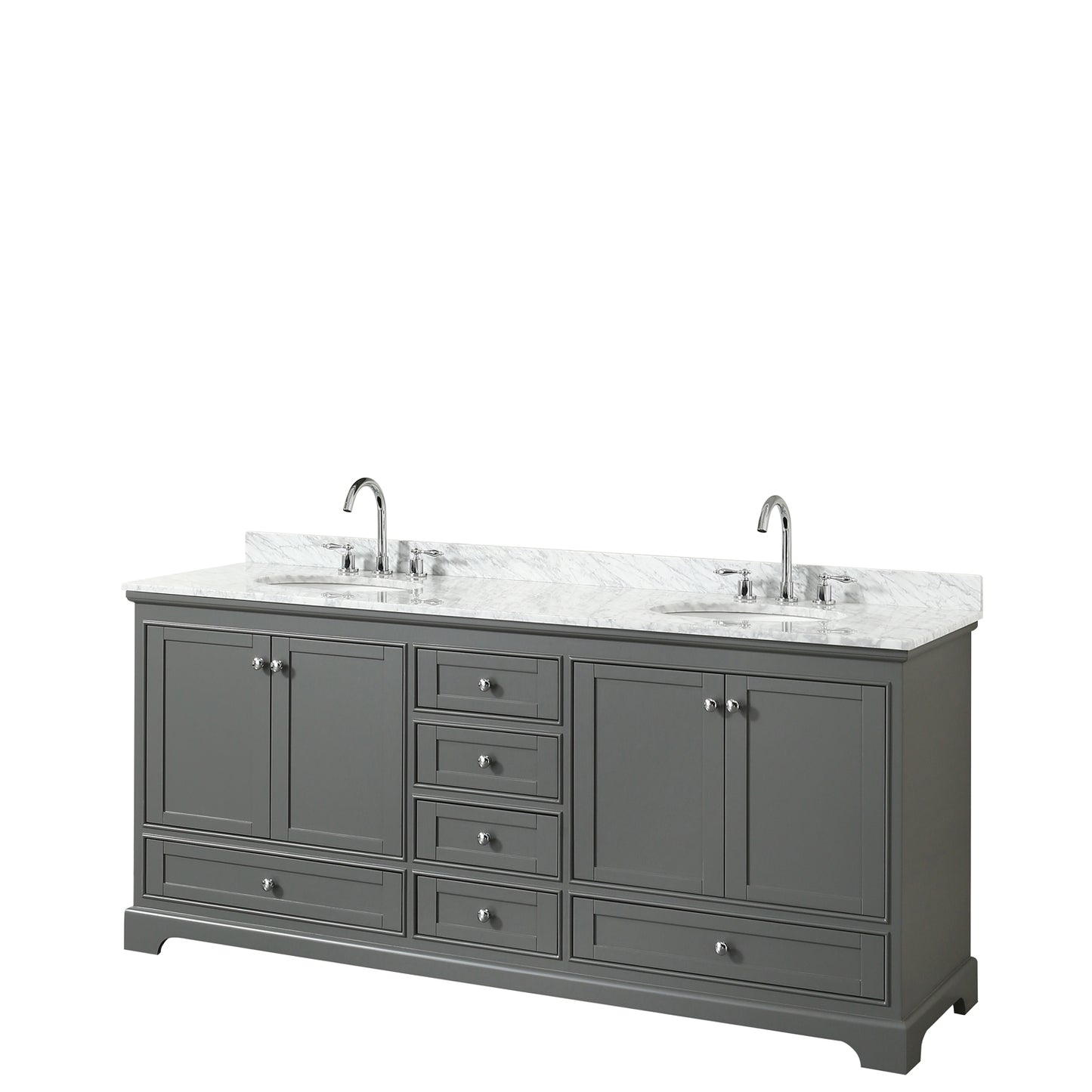 Deborah 80 Inch Double Bathroom Vanity in Dark Gray, White Carrara Marble Countertop, Undermount Oval Sinks, and No Mirrors