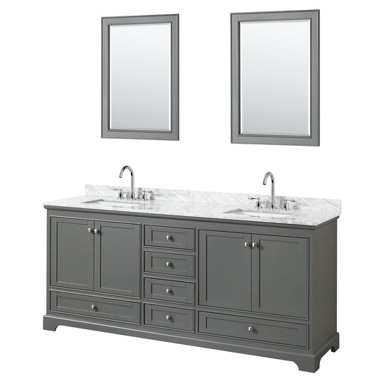 Deborah 80 inch Double Bathroom Vanity in Dark Gray, White Carrara Marble Countertop, Undermount Square Sinks, and 24 inch Mirrors