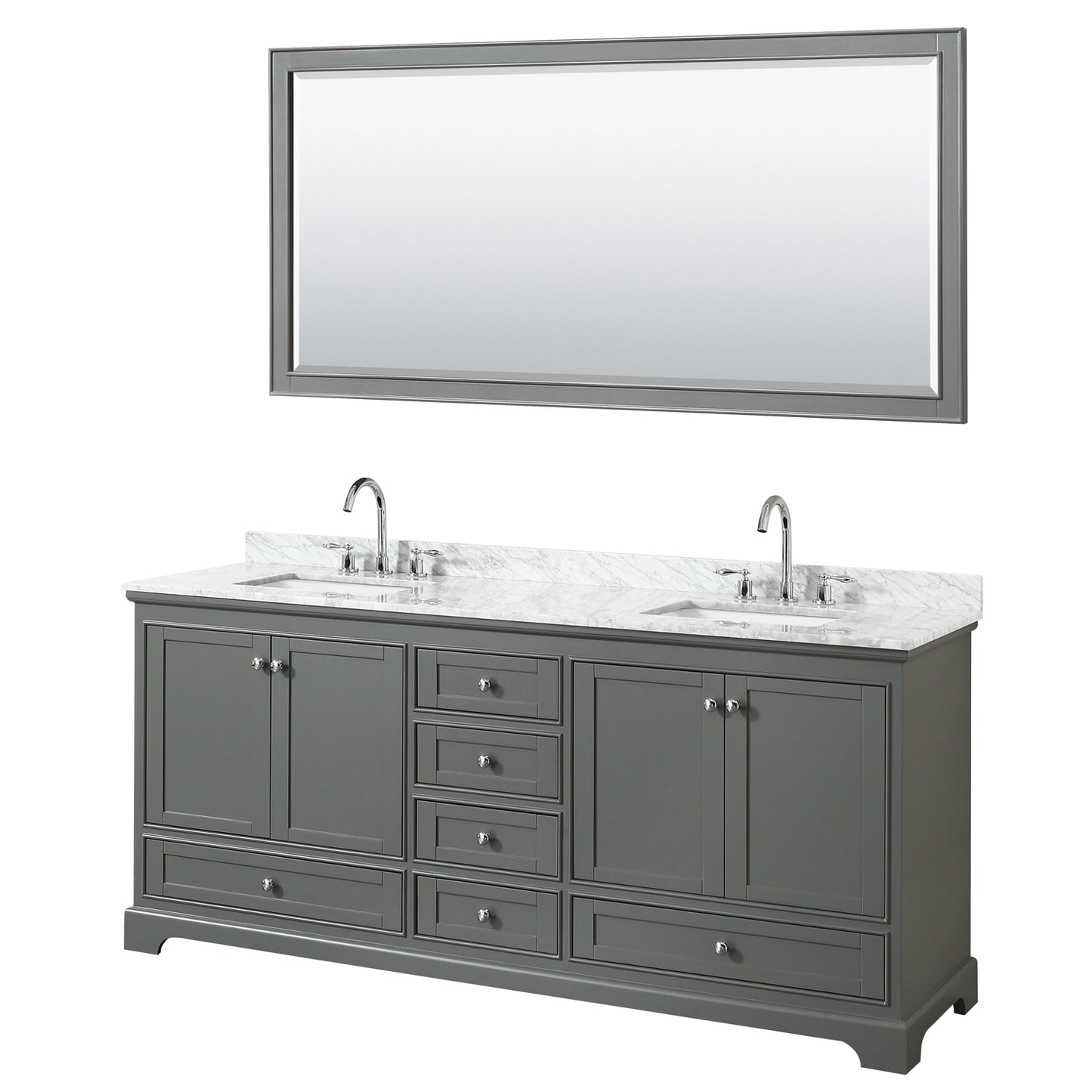 Deborah 80 Inch Double Bathroom Vanity in Dark Gray, White Carrara Marble Countertop, Undermount Square Sinks, and 70 Inch Mirror