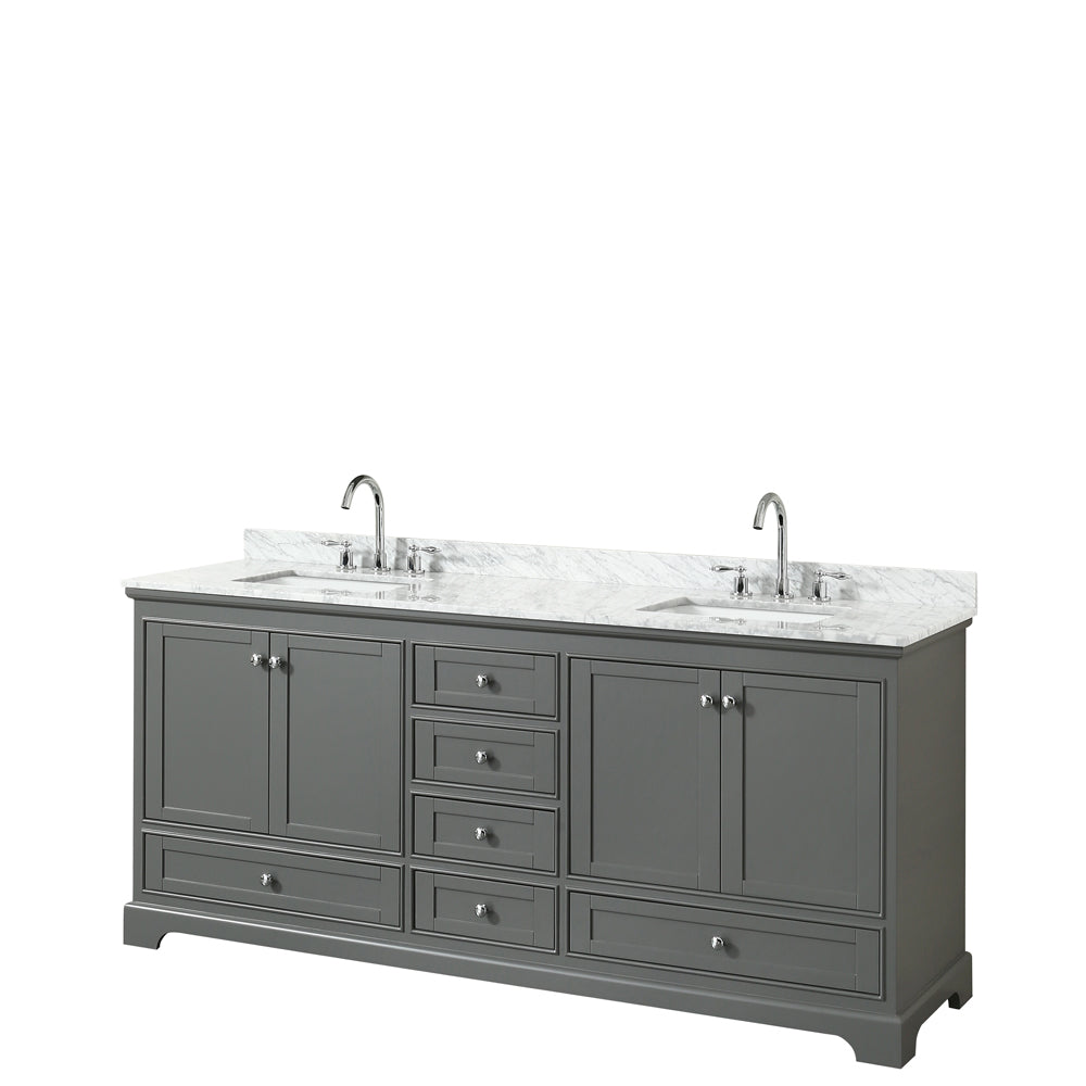 Deborah 80 inch Double Bathroom Vanity in Dark Gray, White Carrara Marble Countertop, Undermount Square Sinks, and No Mirror