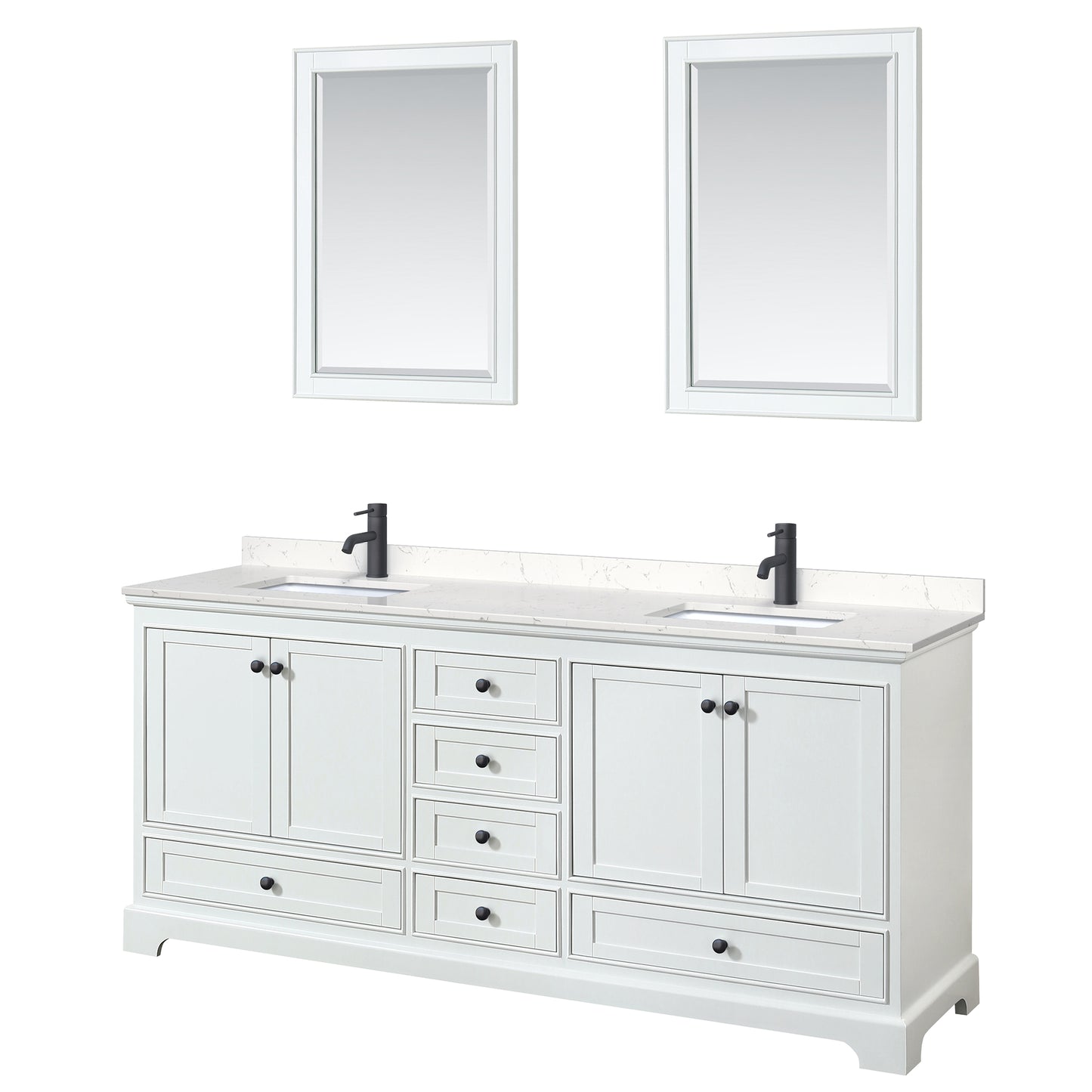 Deborah 80" Double Vanity in White, Carrara Marble Top, Black Trim, 24" Mirrors