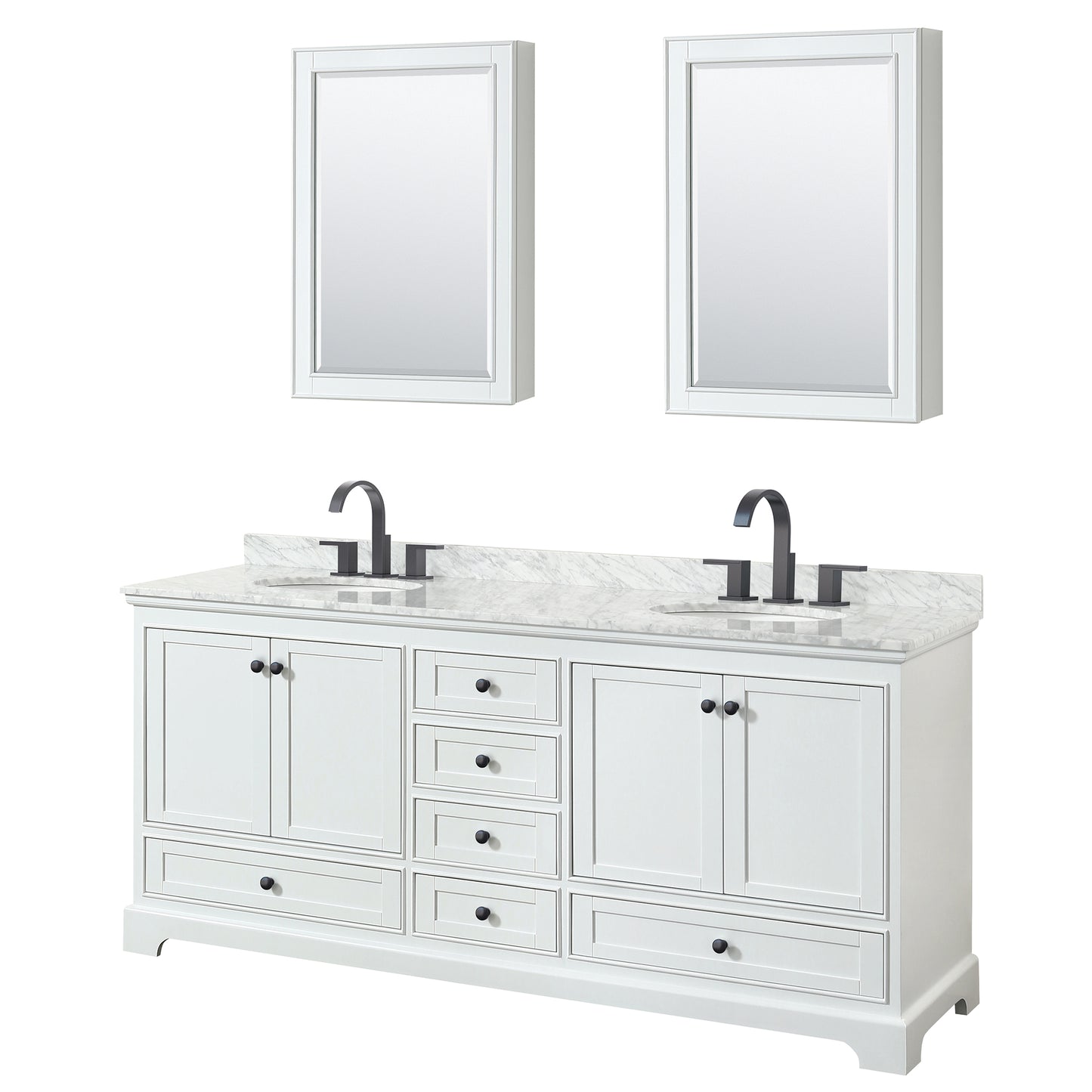 Deborah 80" Double Vanity in White, Top, Oval Black Trim, Medicine Cabinets