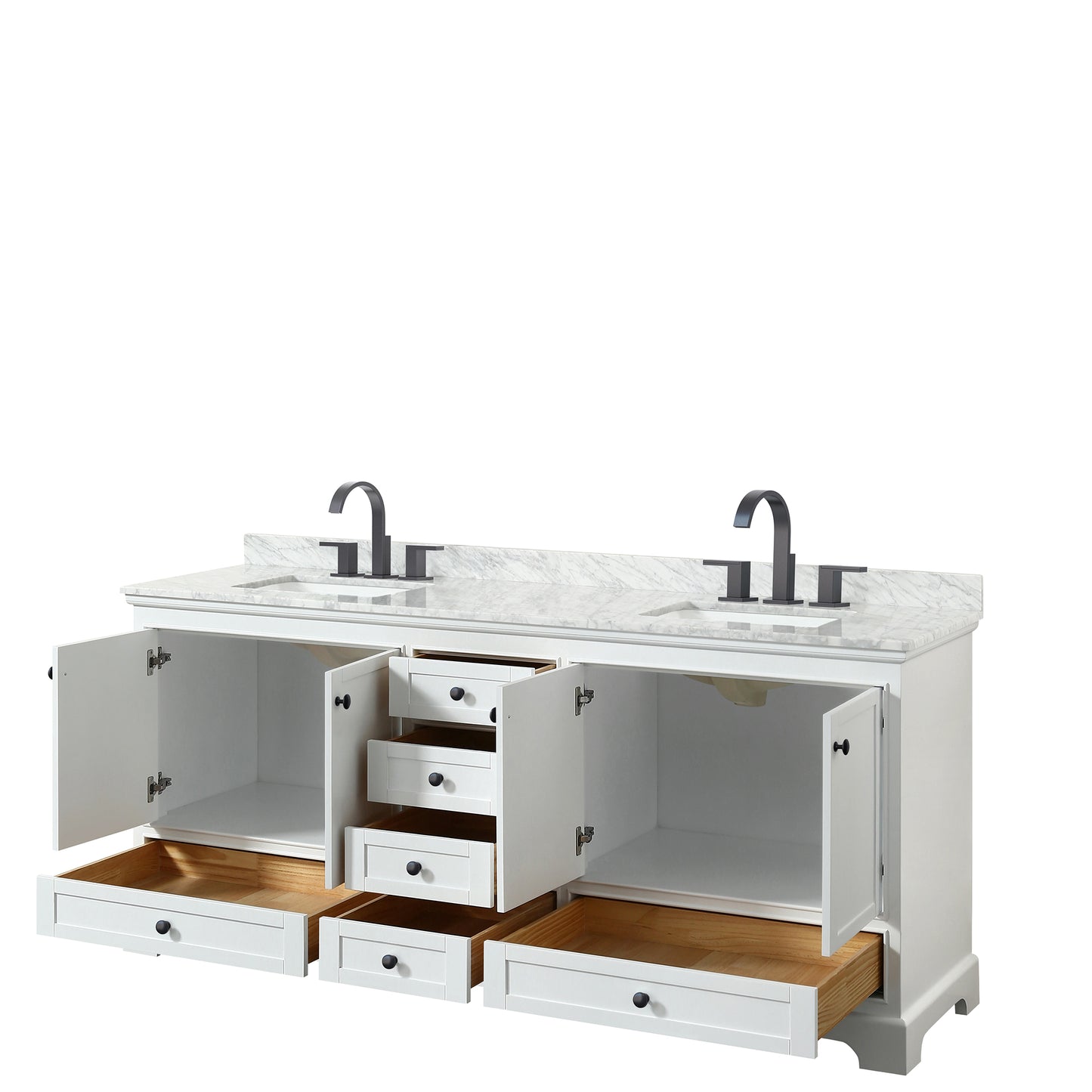 Deborah 80" Double Vanity in White, Top, Square Sinks, Matte Black Trim