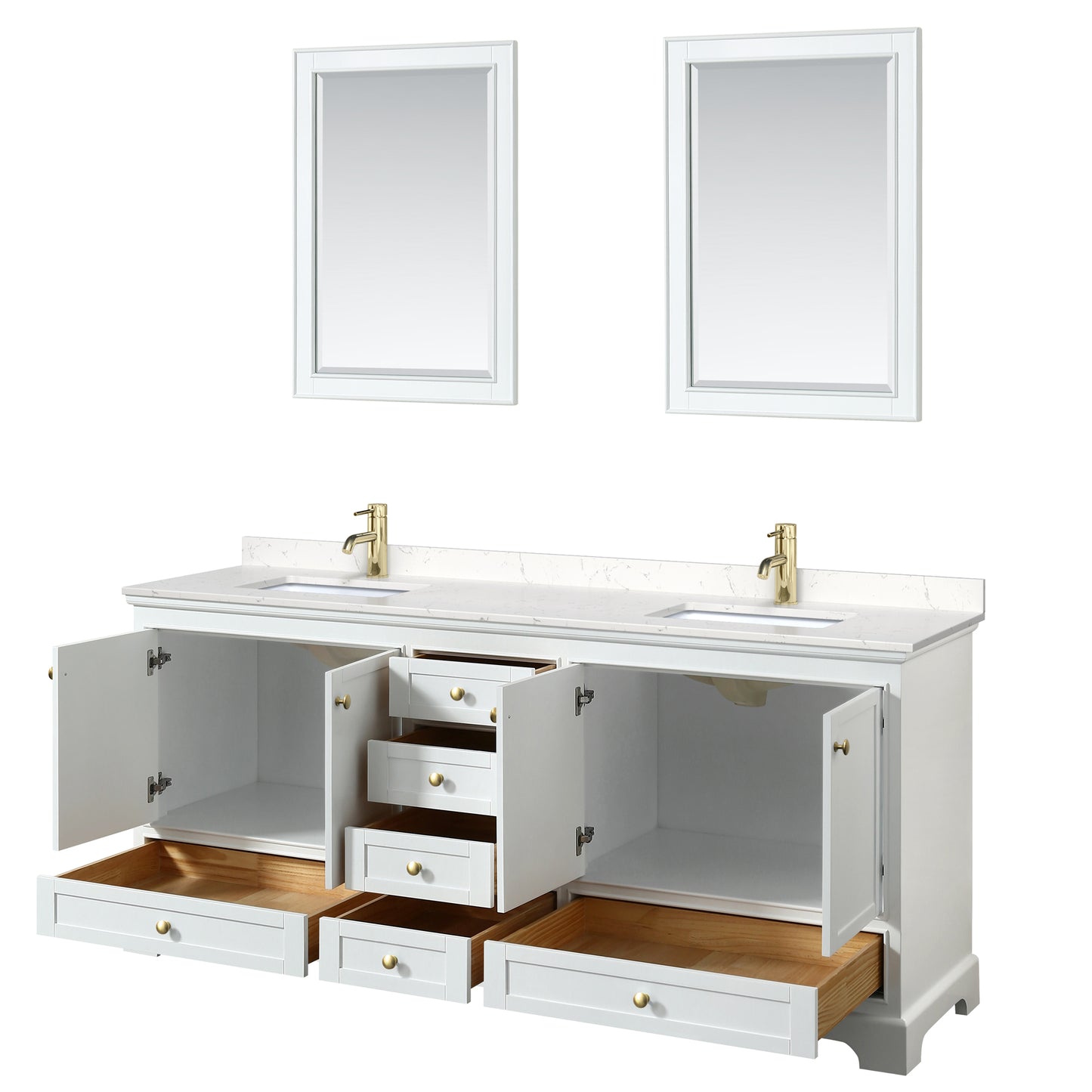 Deborah 80" Double Vanity in White, Carrara Marble Top, Gold Trim, 24" Mirrors