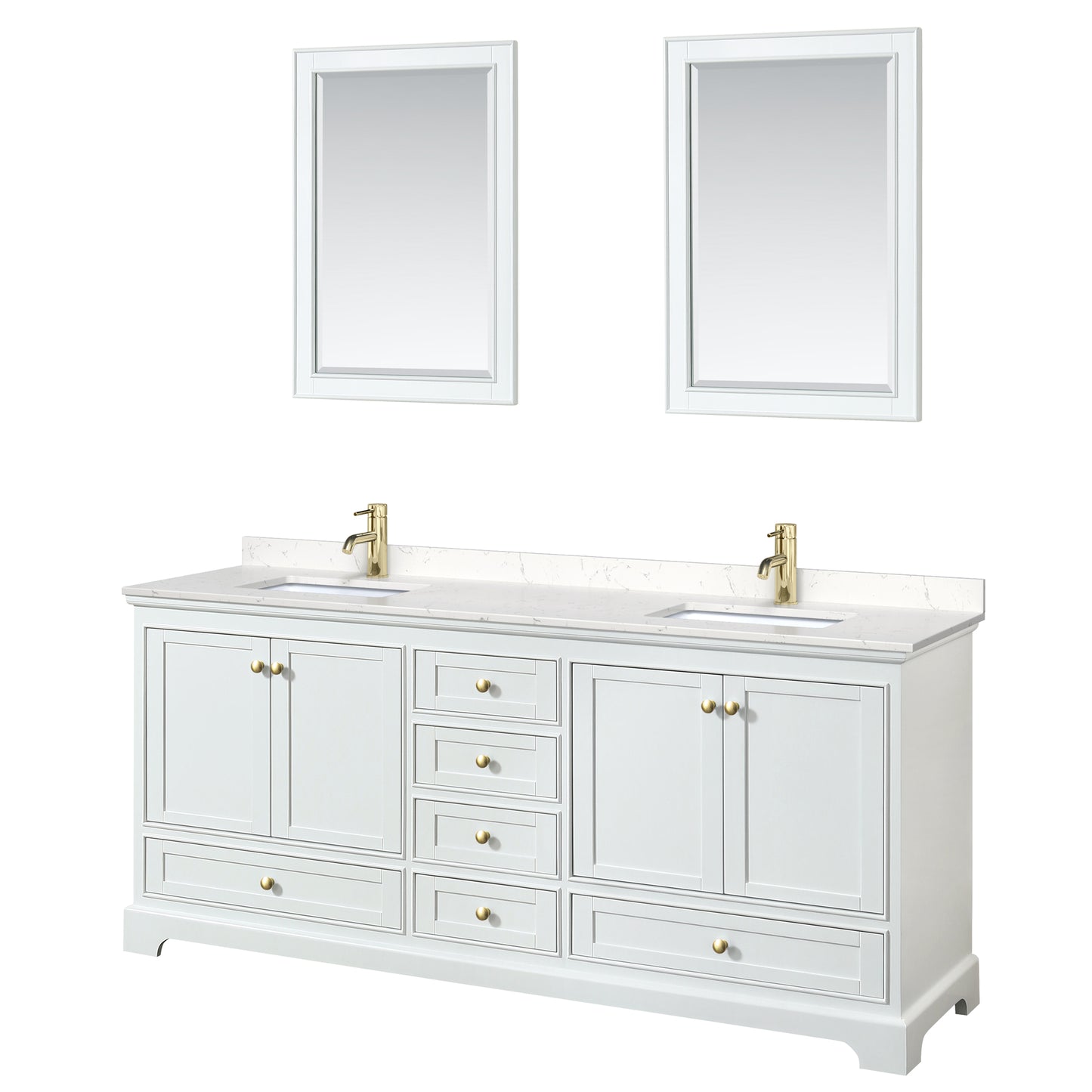 Deborah 80" Double Vanity in White, Carrara Marble Top, Gold Trim, 24" Mirrors