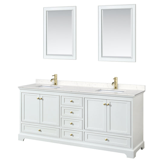 Deborah 80" Double Vanity in White, Carrara Marble Top, Gold Trim, 24" Mirrors