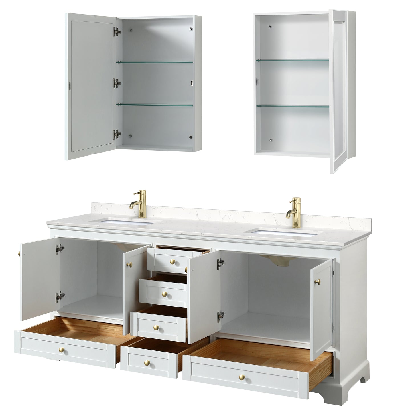 Deborah 80" White Double Vanity, Carrara Top, Gold Trim, Medicine Cabinets