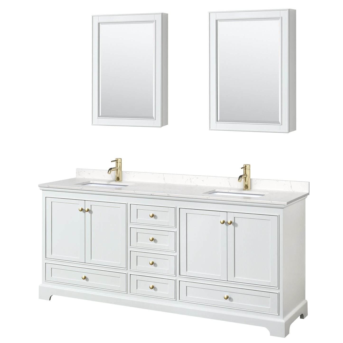 Deborah 80" White Double Vanity, Carrara Top, Gold Trim, Medicine Cabinets