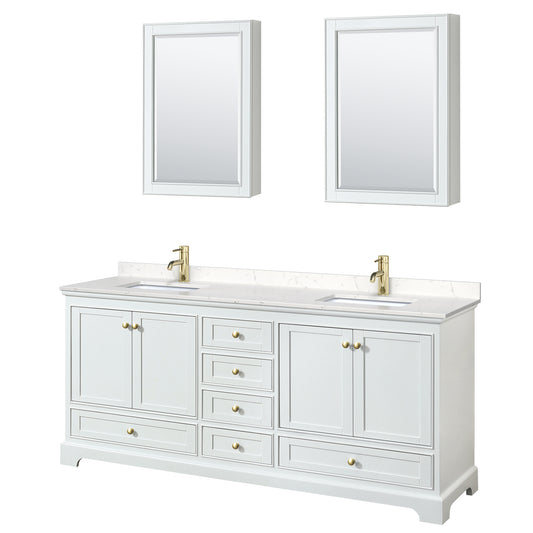 Deborah 80" White Double Vanity, Carrara Top, Gold Trim, Medicine Cabinets