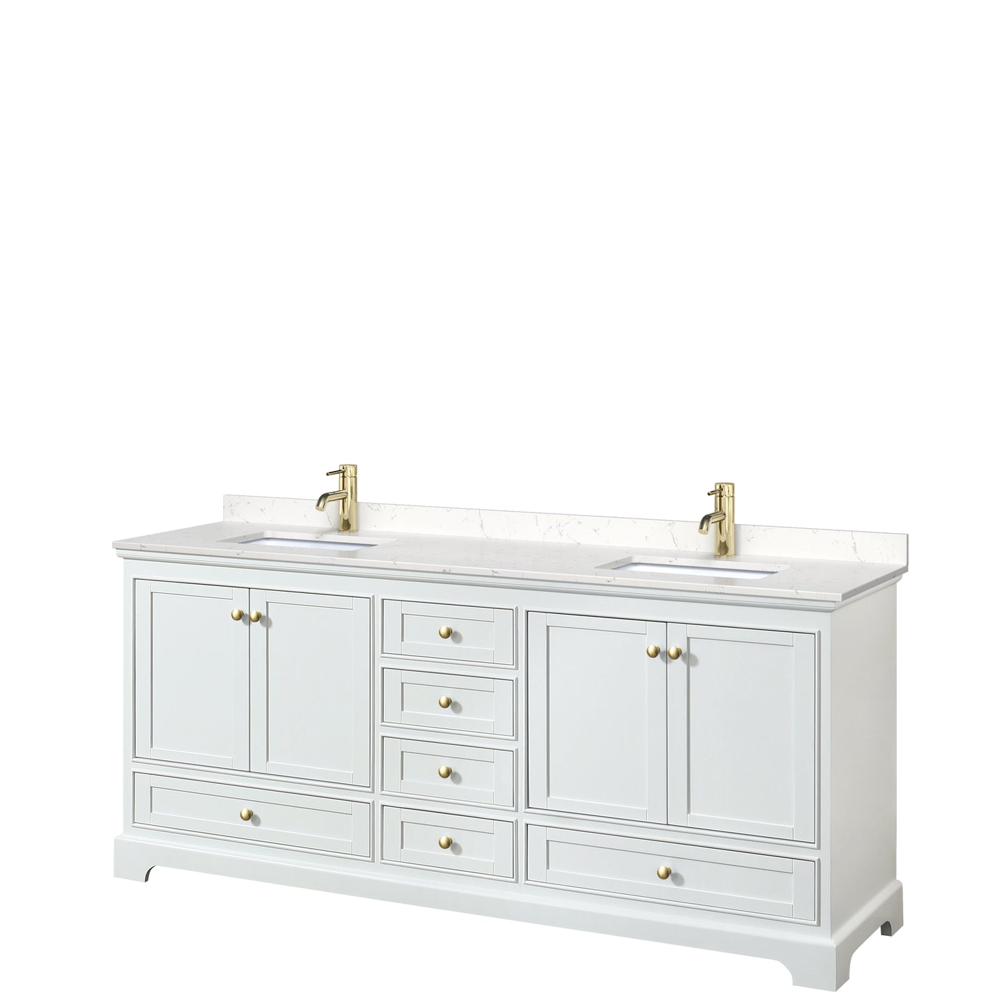 Deborah 80" Double Vanity in White, Carrara Marble Top, Gold Trim, No Mirrors