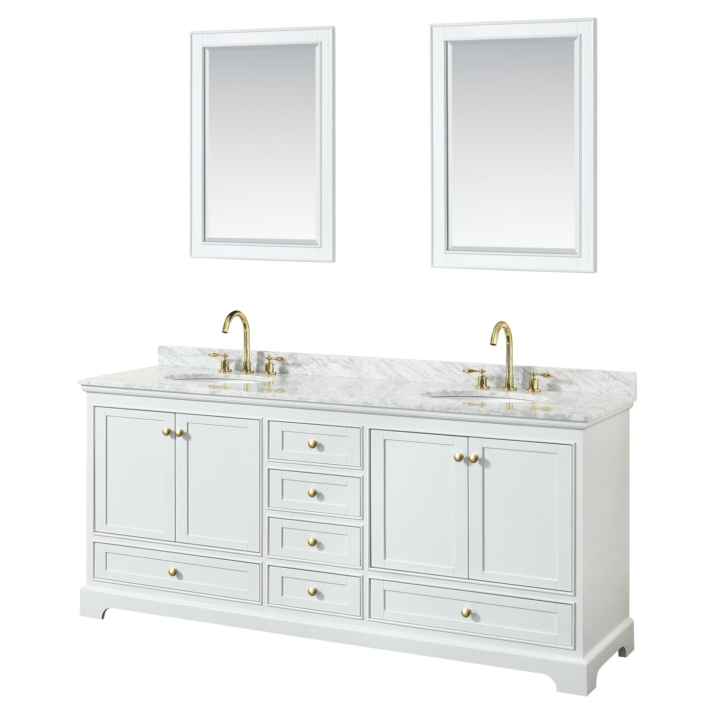 Deborah 80" Double Vanity in White, Top, Oval Brushed Gold Trim, 24" Mirrors