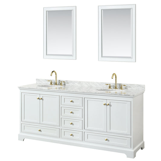 Deborah 80" Double Vanity in White, Top, Oval Brushed Gold Trim, 24" Mirrors