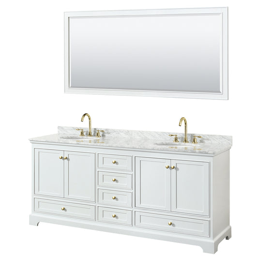 Deborah 80" Double Vanity in White, Top, Oval Brushed Gold Trim, 70" Mirror
