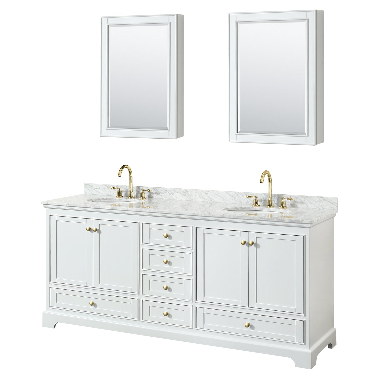 Deborah 80" White Double Vanity, Top, Oval Brushed Gold Trim, Medicine Cabinets